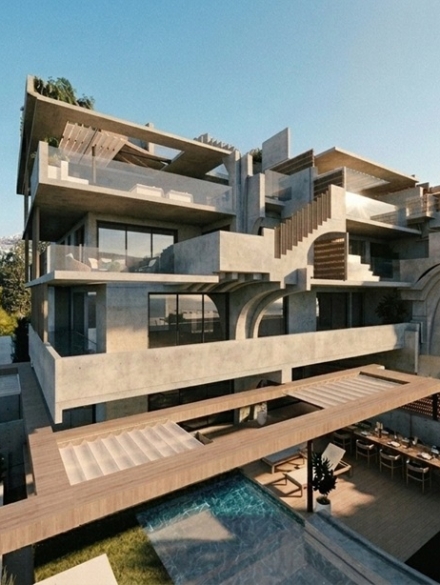 View of a private residence overlooking at the living room and rooftop levels. Exposed concrete, spacious lounging, with a neo-Brutalist vibe. Image copyright: Karydis & Associates.