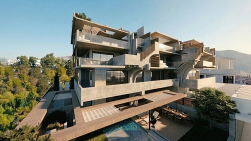 View of a private residence overlooking at the living room and rooftop levels. Exposed concrete, spacious lounging, with a neo-Brutalist vibe. Image copyright: Karydis & Associates.