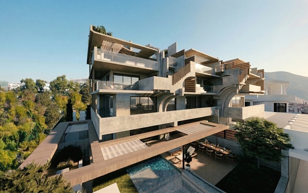 View of a private residence overlooking at the living room and rooftop levels. Exposed concrete, spacious lounging, with a neo-Brutalist vibe. Image copyright: Karydis & Associates.