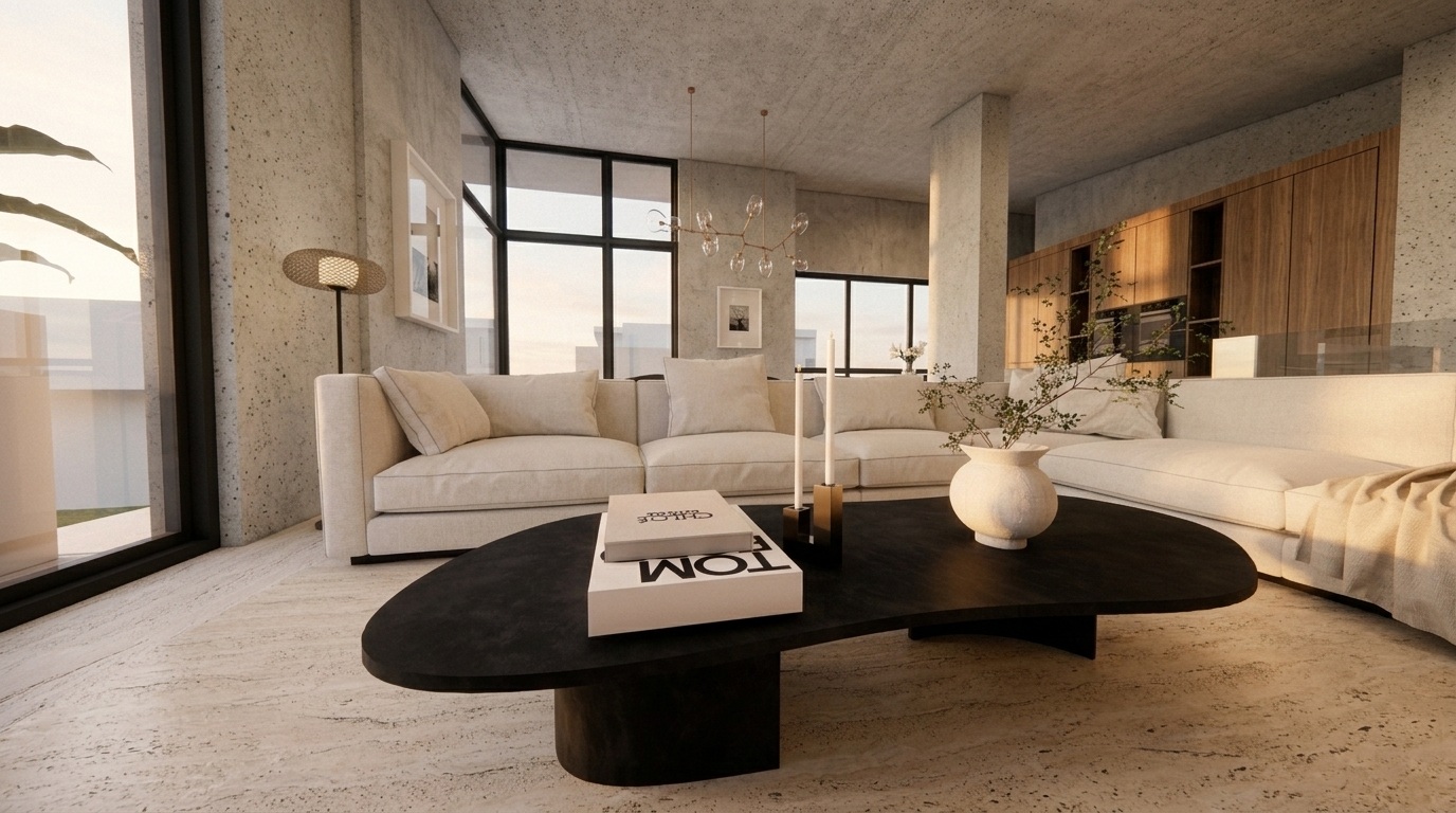 Contemporary interior space with exposed concrete surfaces, windows from floor to ceiling, travertine flooring, off-white sectional sofa and oak kitchen cabinetry in the background. Image copyright: Karydis & Associates.