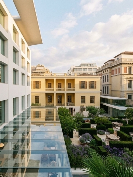 Concept render of a listed building development in Athens as a hospitality project. View of the garden space. Image copyright: Karydis & Associates.