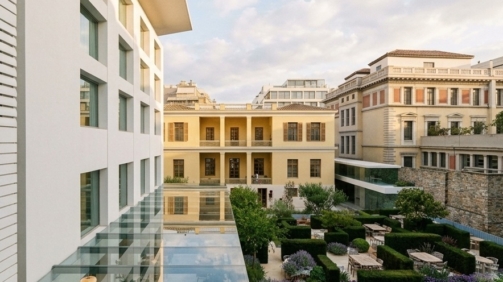 Concept render of a listed building development in Athens as a hospitality project. View of the garden space. Image copyright: Karydis & Associates.