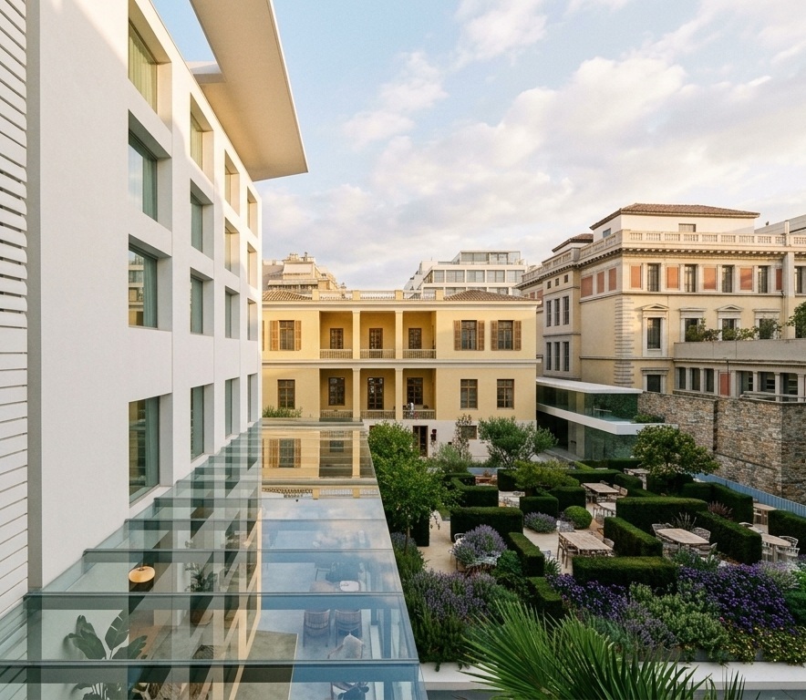 Concept render of a listed building development in Athens as a hospitality project. View of the garden space. Image copyright: Karydis & Associates.