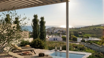 Sea view from an outdoor lounge of a Cycladic summer house, part of a housing complex. Image copyright: Karydis & Associates.