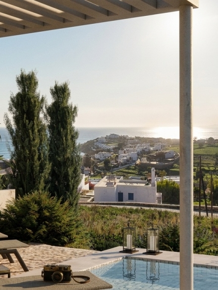 Sea view from an outdoor lounge of a Cycladic summer house, part of a housing complex. Image copyright: Karydis & Associates.