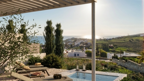Sea view from an outdoor lounge of a Cycladic summer house, part of a housing complex. Image copyright: Karydis & Associates.