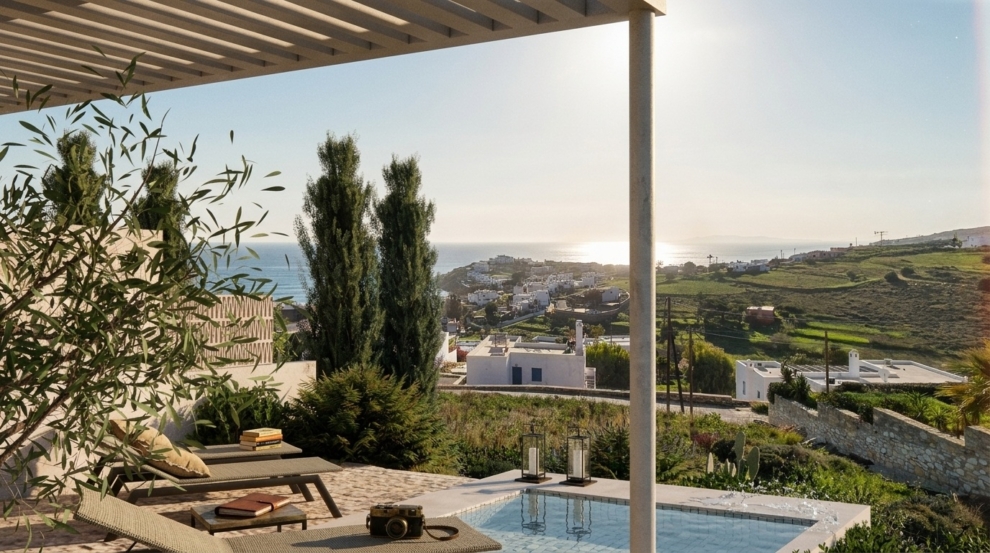 Sea view from an outdoor lounge of a Cycladic summer house, part of a housing complex. Image copyright: Karydis & Associates.