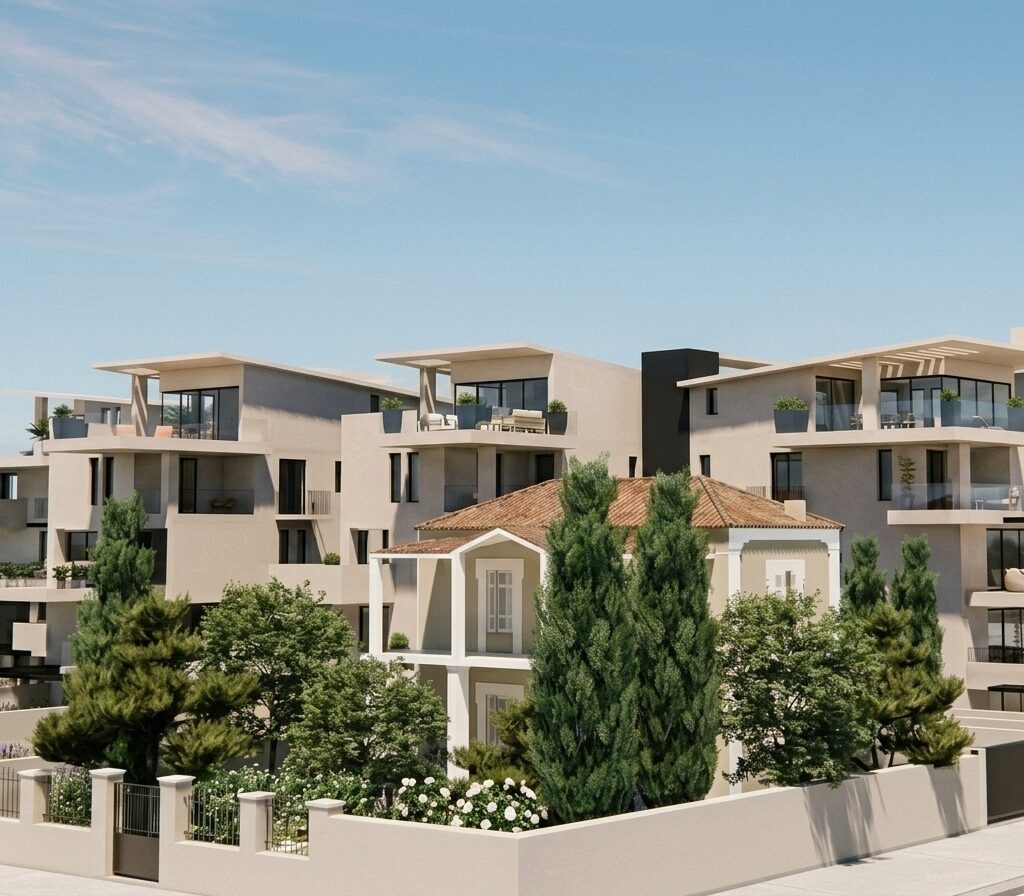 A complex of private residences including a two story listed building. Image copyright: Karydis & Associates.