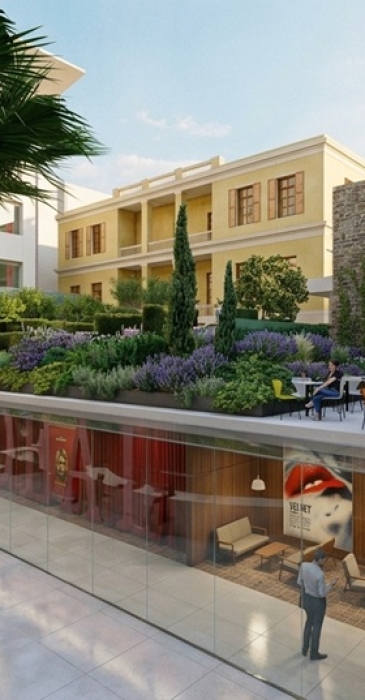 Concept render of a listed building development in Athens as a hospitality project. View of the raised garden space. Image copyright: Karydis & Associates.